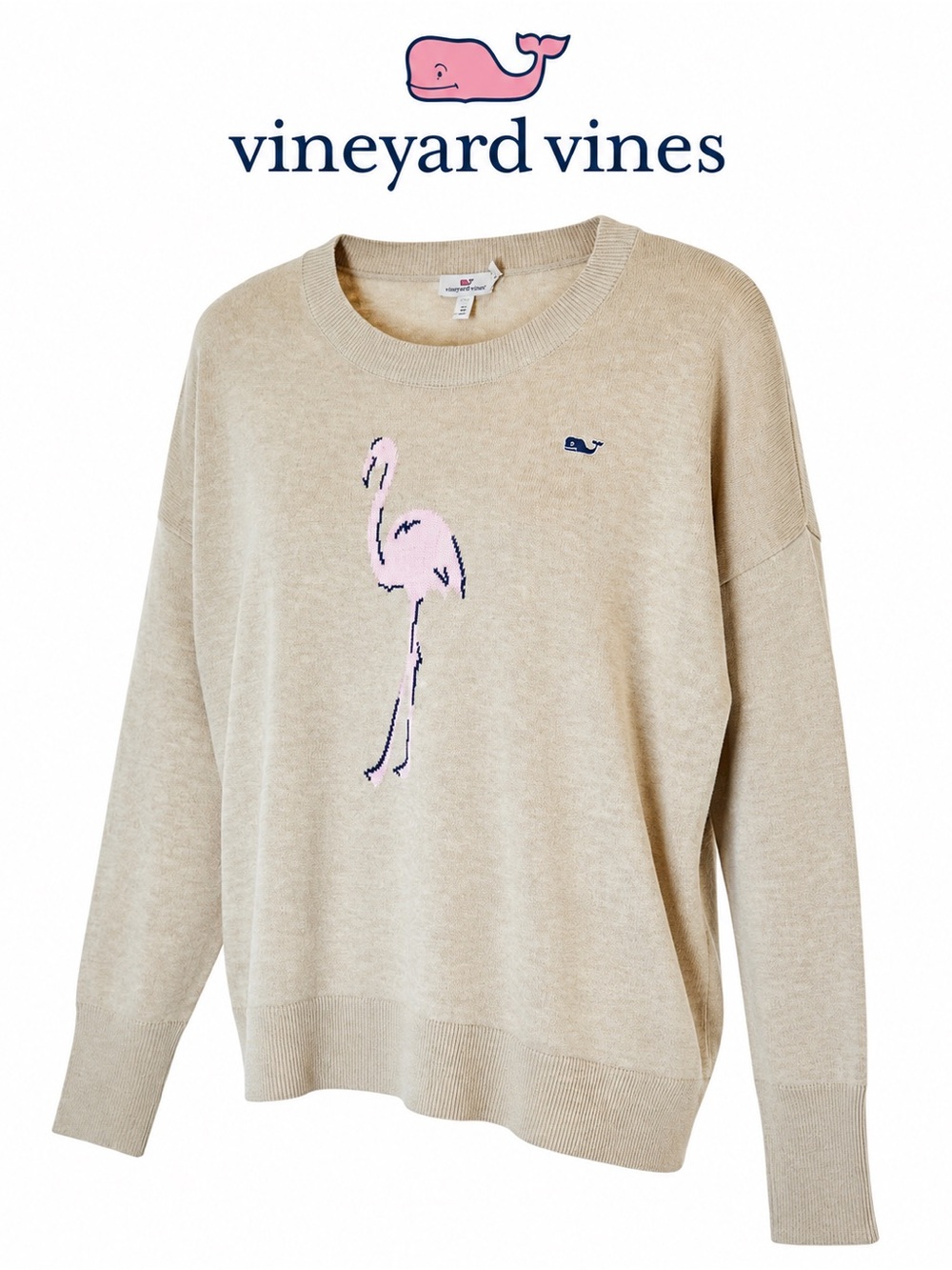 Vineyard Vines Flamingo Crewneck Sweater Beige Pink Size L 🦩